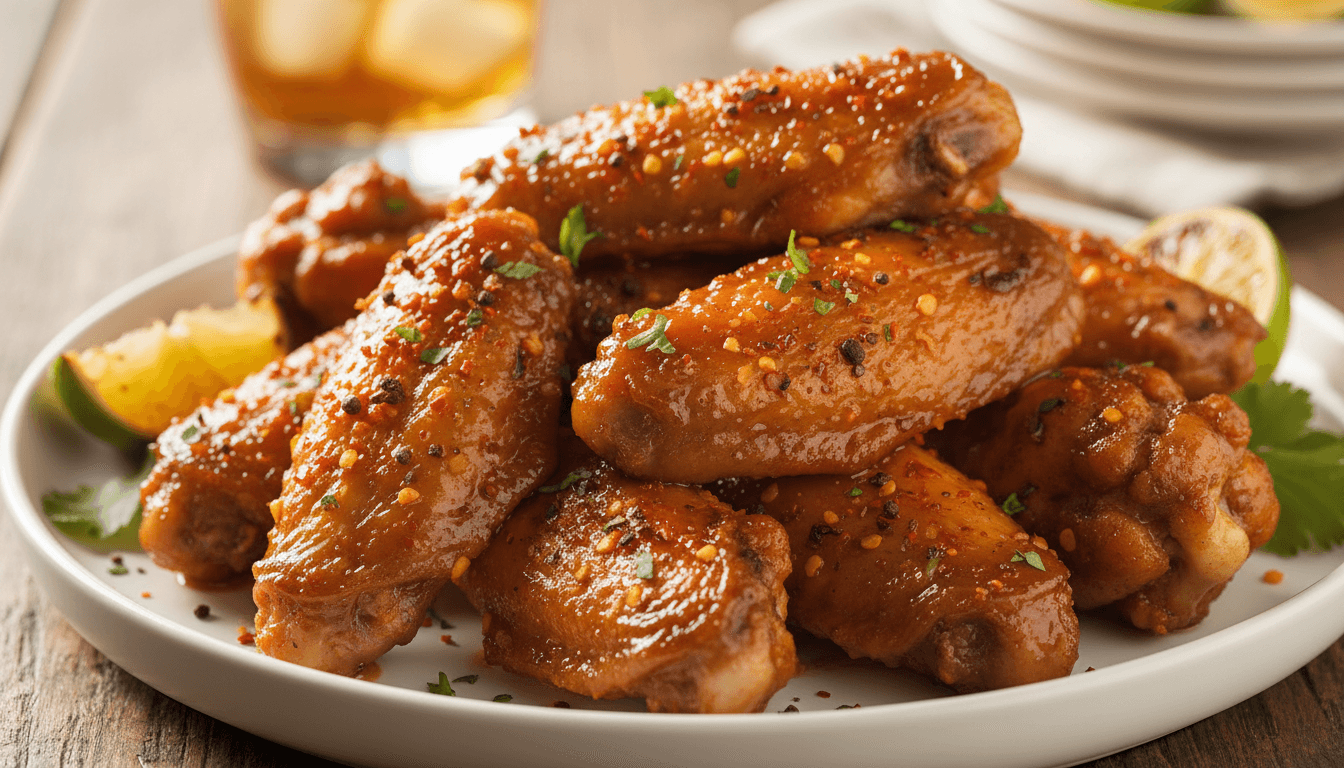 Glazed chicken wings with Caribbean spices on a plate, warm lighting