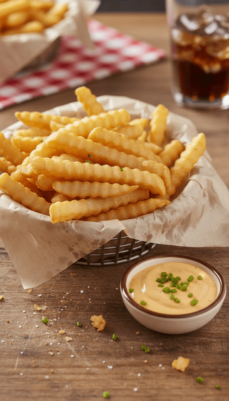 Crispy golden fries in a paper basket with dipping sauce, a Fleuri wings side option