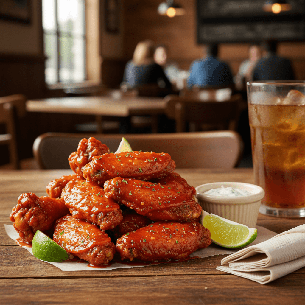 Golden fried chicken wings coated in a rich Haitian-inspired sauce, served on a wooden board with a side of fresh herbs